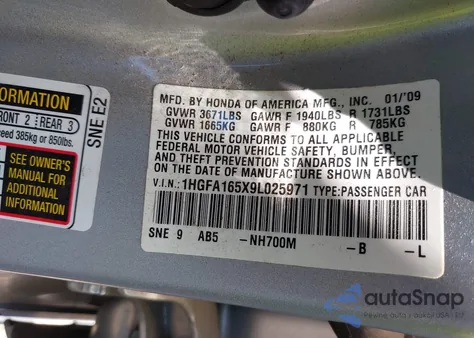 2009 Honda Civic Lx из США, поврежденный, VIN 1HGFA165X9L025971